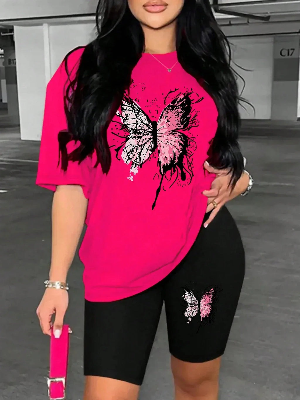 Beautiful Butterfly Print Women's Short Sleeve T-Shirt and Soft Polyester Shorts Two-Piece Set Casual Comfortable Sportswear