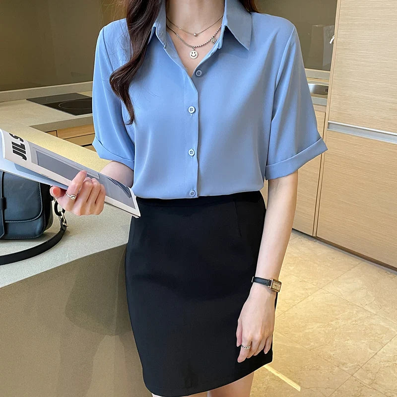 Women's Summer Short Sleeve V-Neck Chiffon Blouse Loose Fit Casual Office Pullover Shirt