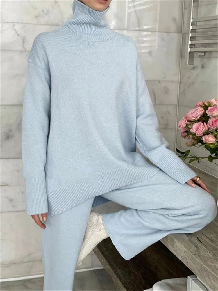 Knitted Tracksuit Set for Women with Turtleneck Sweater and Wide Leg Jogging Pants Pullover Suit