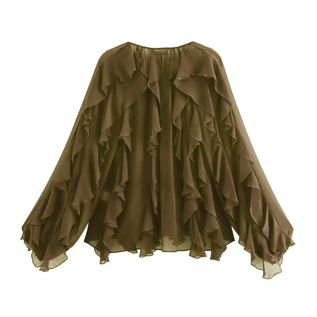 Elegant Women's V-Neck Layered Decorative Shirt with Chic Temperament Design