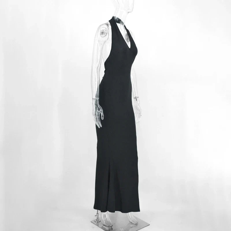 Black Maxi Dress Backless Halter Sleeveless Party A Line