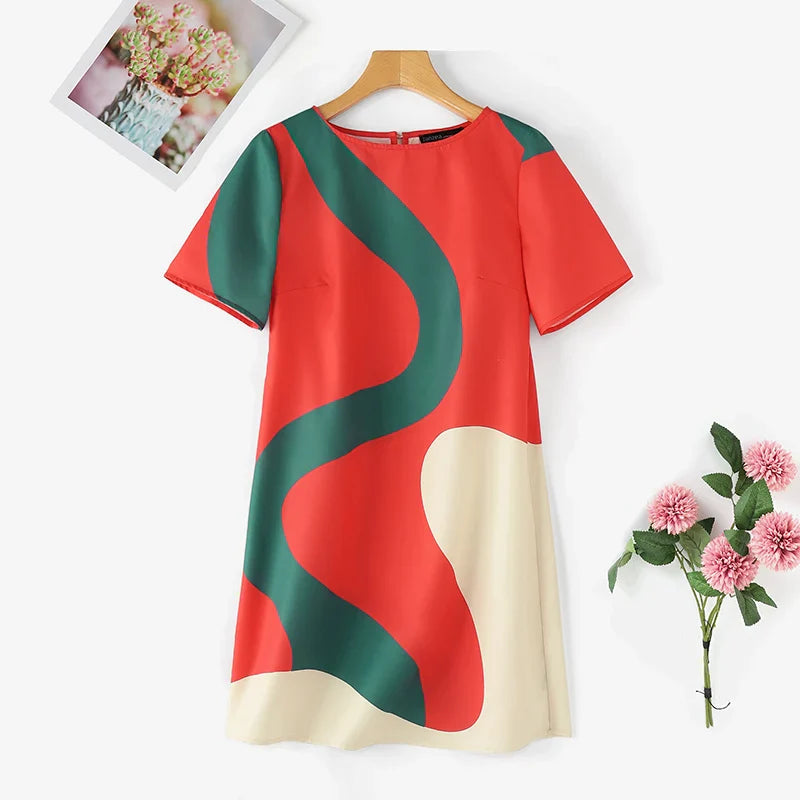 Women Colorful Printed Sundress Round Neck Short Sleeves