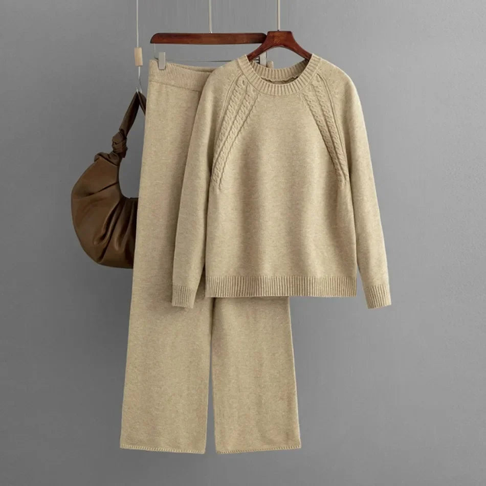 Casual Knitted Two Piece Set for Women Featuring Loose Sweater and Wide Leg Pants