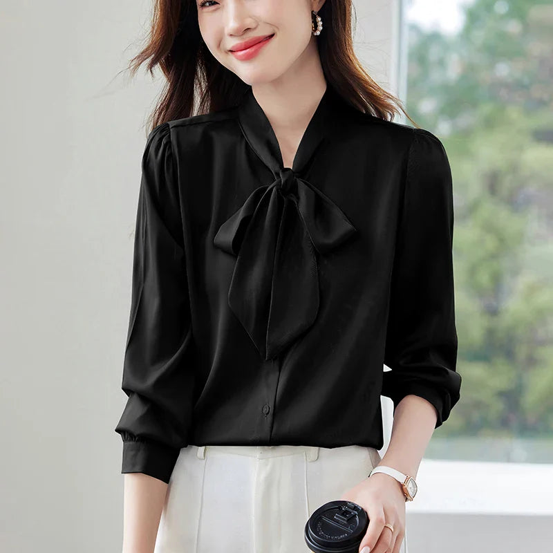 Elegant Women's Long Sleeve Blouse with Bow Collar Casual Loose Fit White Office Shirt Top