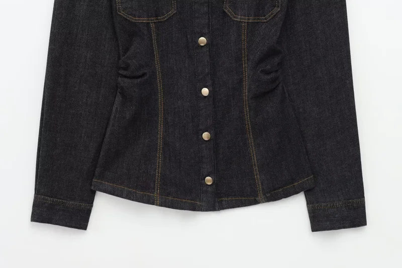 Women's Slim-Fit Denim Shirt with Stretch Waist and Flare Trousers for Comfortable Spring Style