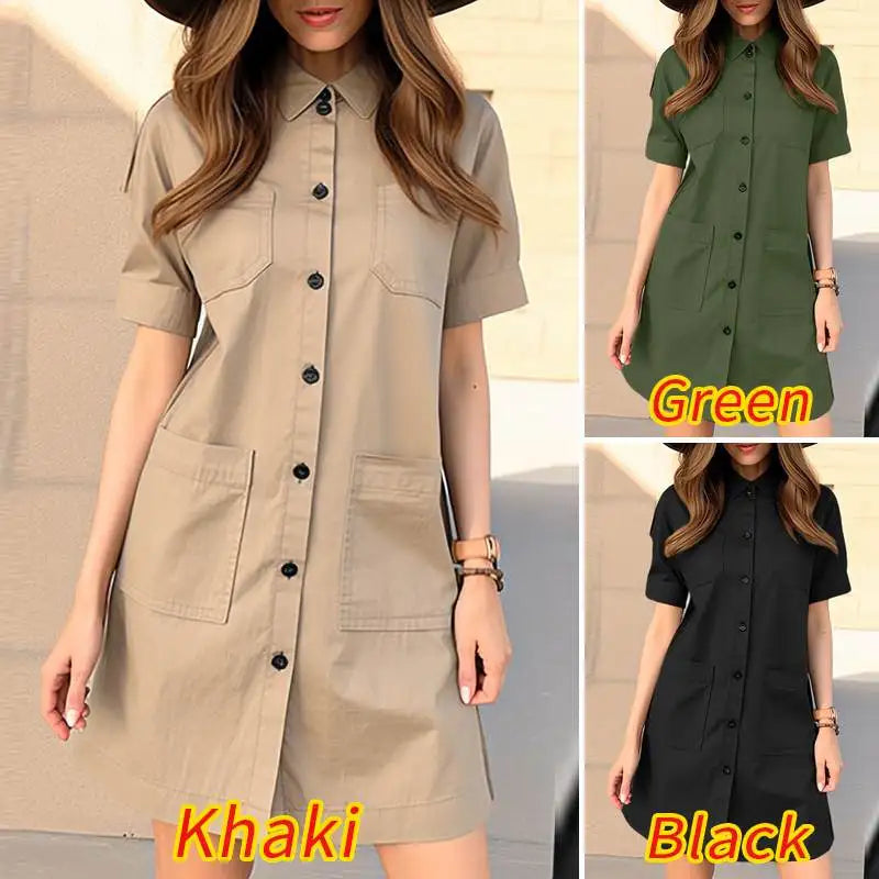 Summer Women Overalls Dress Short Sleeve Button Front