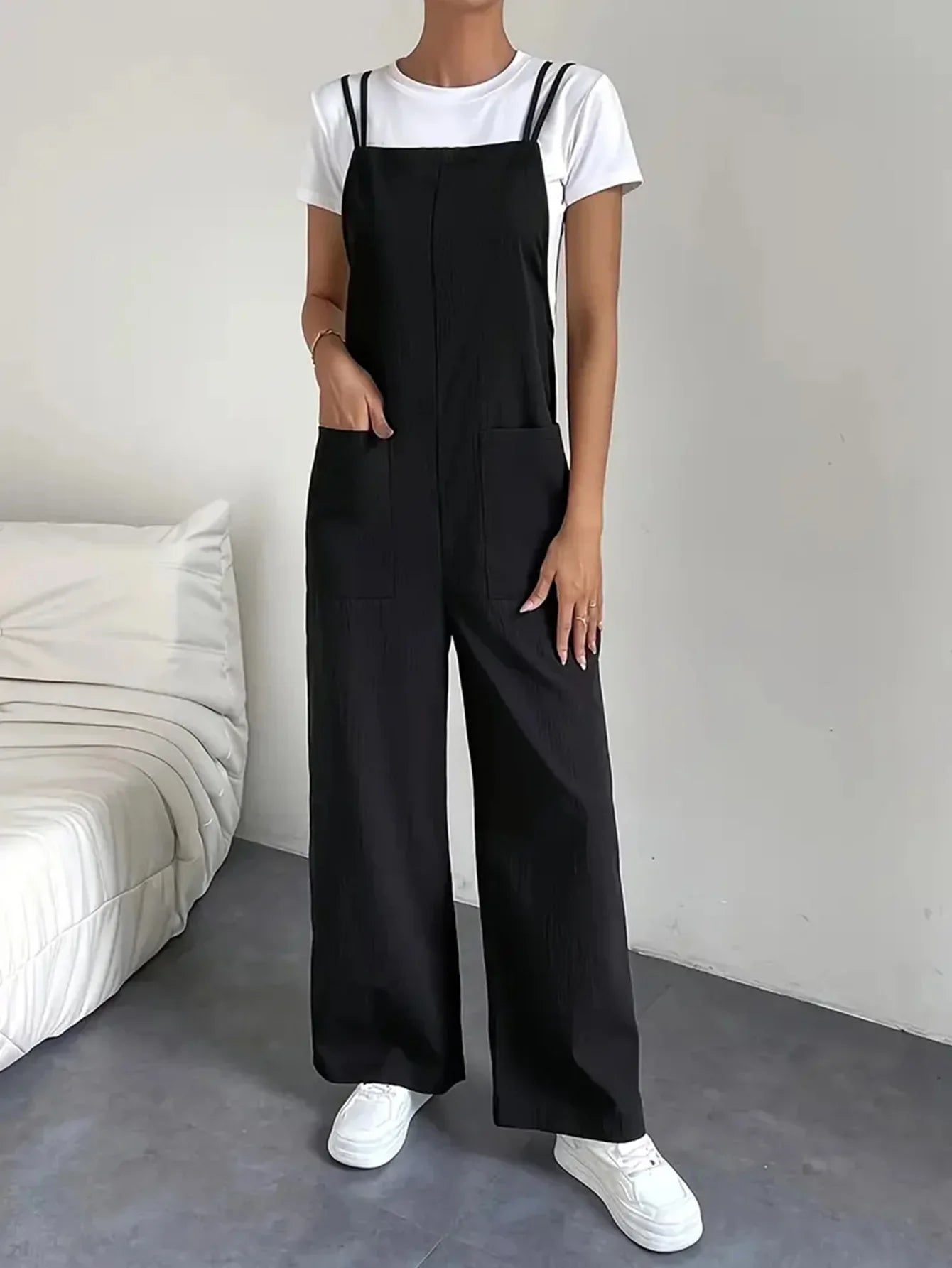 Stylish Casual Camisole Jumpsuit with Pocket Detail Wide Leg Straight Cut Women's Jumpsuit Set