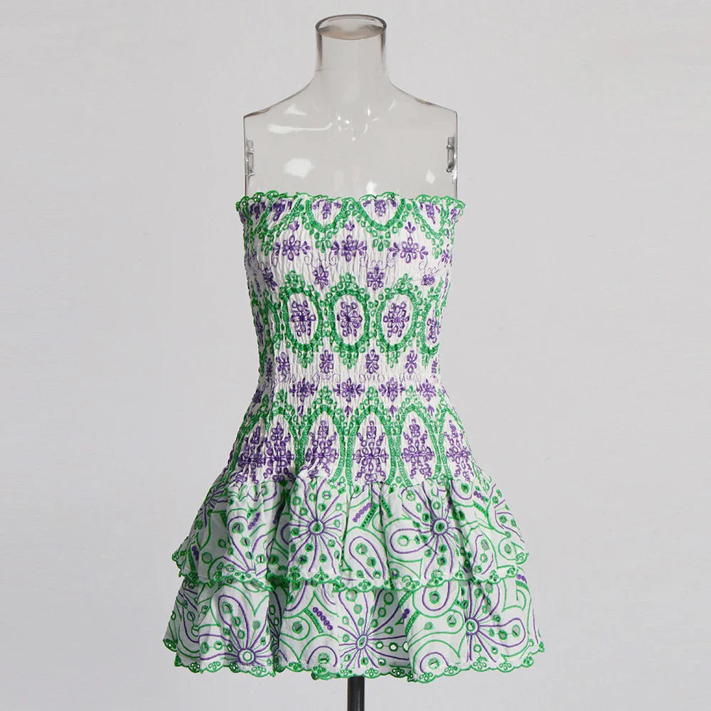 Embroidery Print Strapless Mini Dress Ruffled High Waist