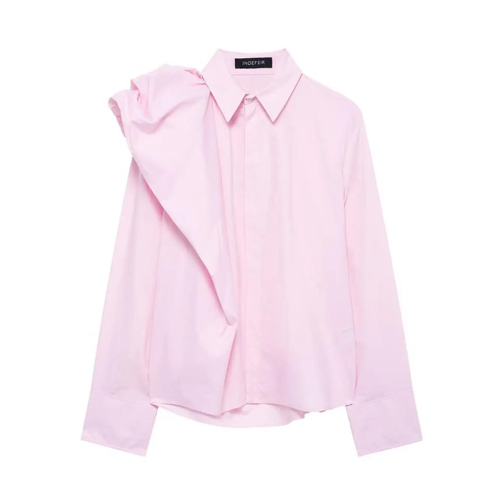 Women Long Sleeve Blouse with Turn Down Collar Pink Spring Top Chic Shoulder Design Office Shirt for Ladies