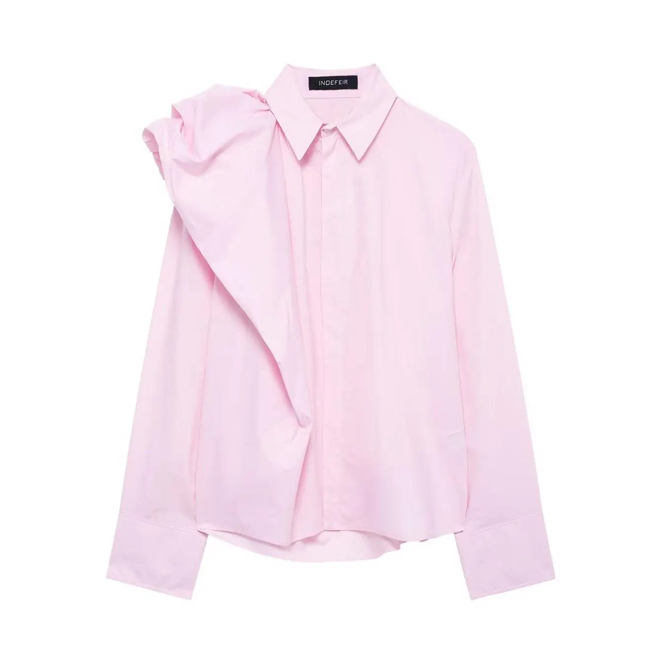 Women Long Sleeve Blouse with Turn Down Collar Pink Spring Top Chic Shoulder Design Office Shirt for Ladies
