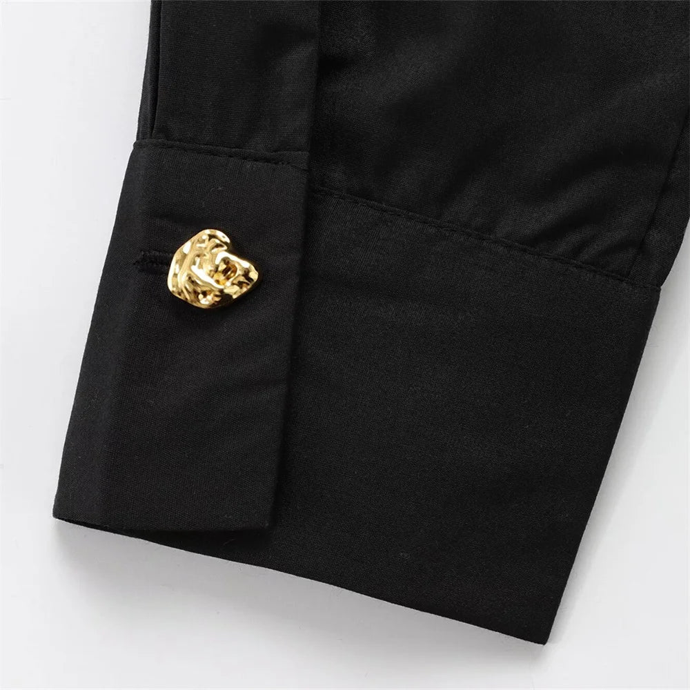 Solid Color Casual Collar Long Sleeve Poplin Shirt for Women with Gold Buckle Accent and Loose Fit