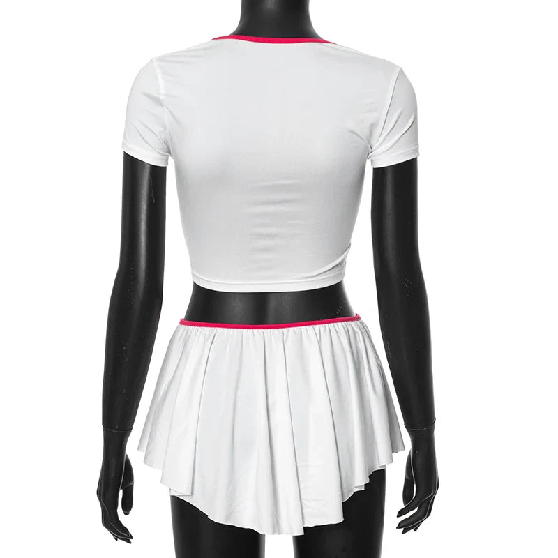 Women Two Piece Party Outfit Set Sexy Short Sleeve Crop Top and High Waist Pleated Mini Skirt Summer Fashion Ensemble