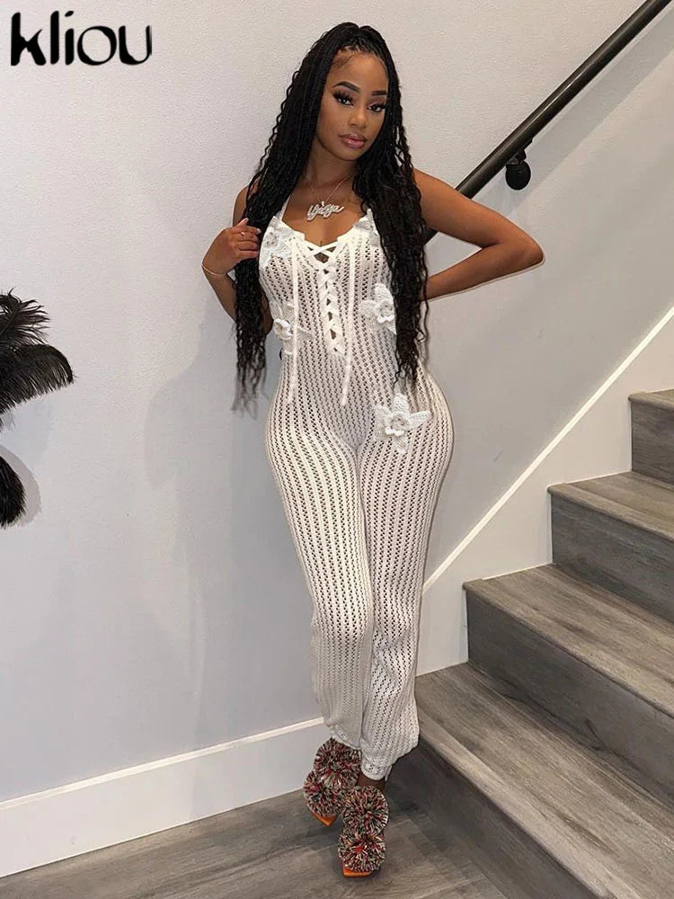 Knitted Floral Women Jumpsuit Sexy Pleated Halter Neck Bandage Low Back Skinny Overalls Trendy Solid Streetwear