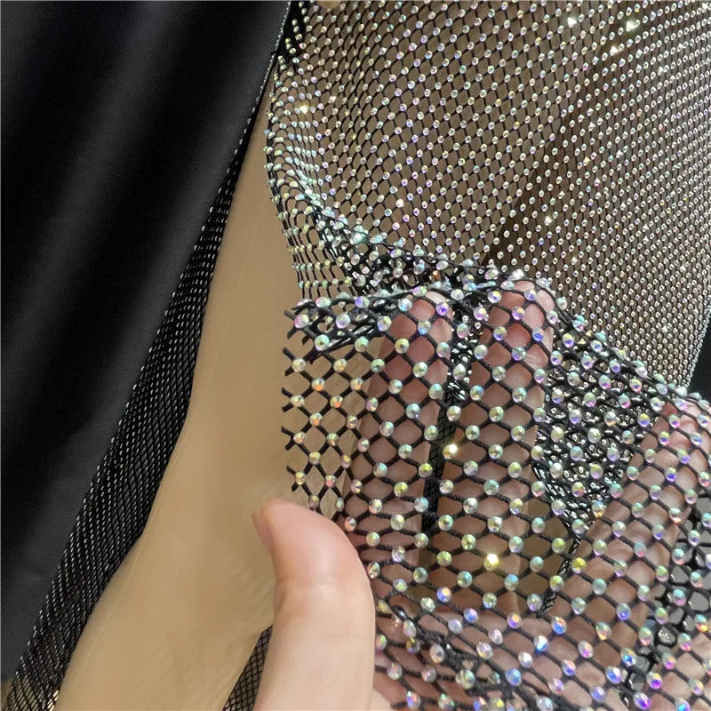 Rhinestone See Through Club Dress With Fishnet Details