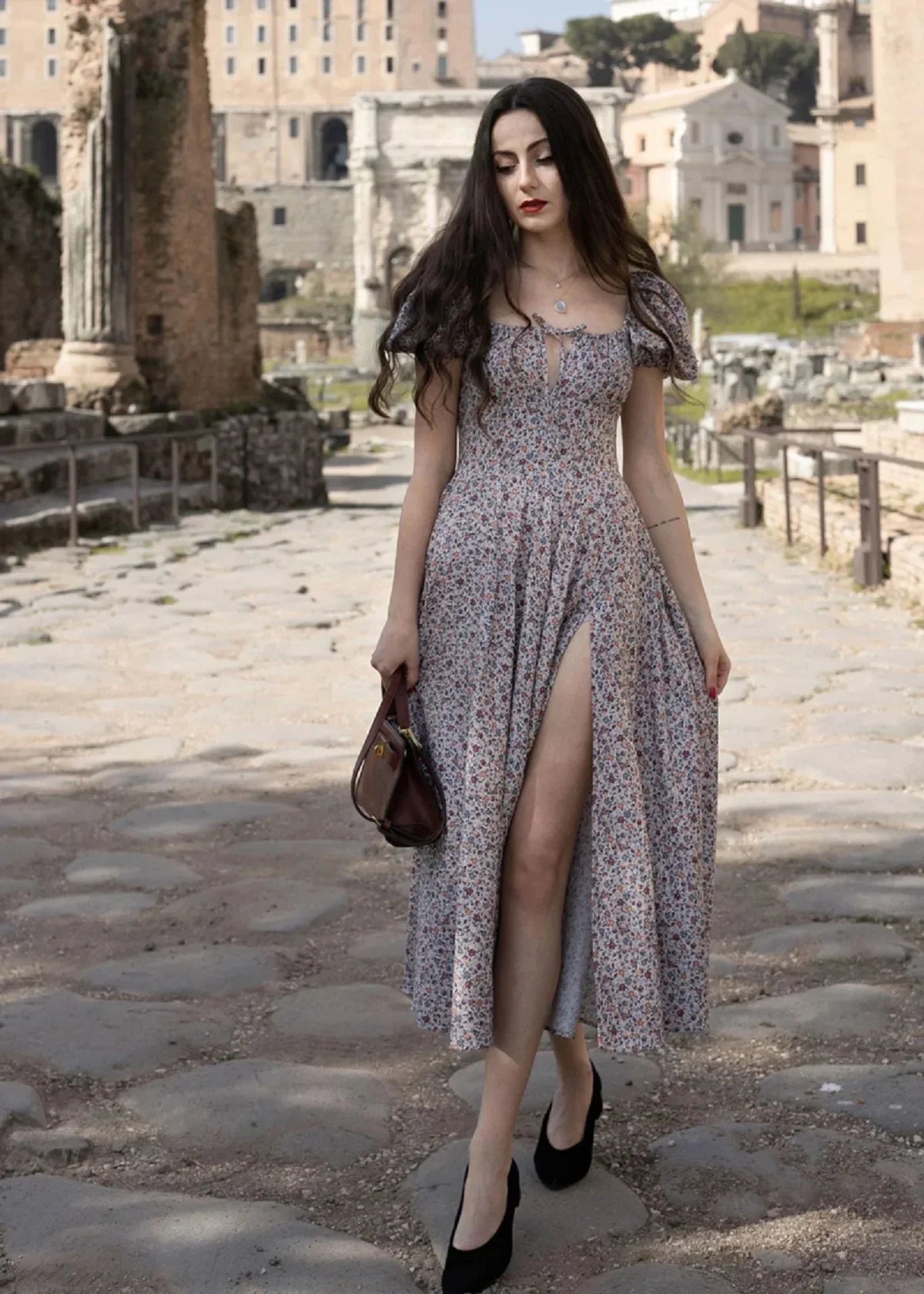 Backless Floral Dress Slim Fit Suspender With Slit Chic