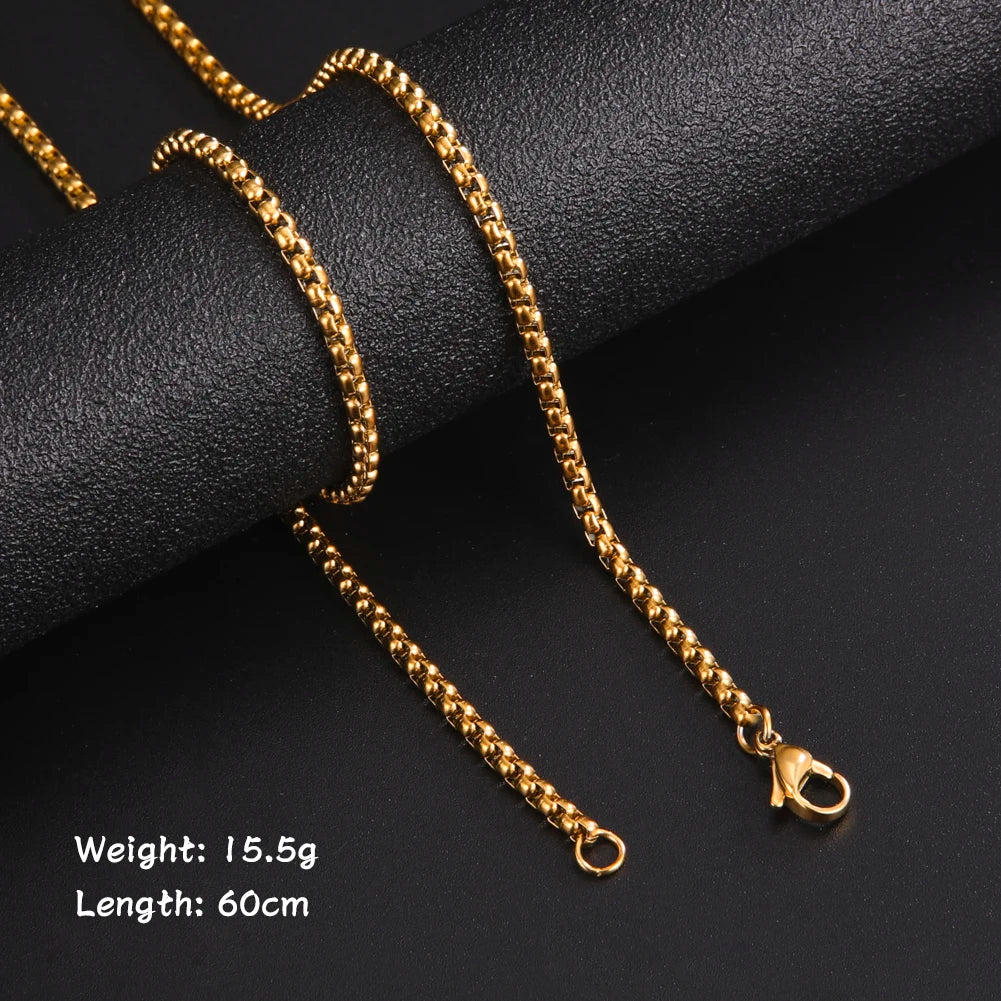 60cm Long Stainless Steel Box Chain Necklace for Men in Black and Gold Color Fashion Punk Jewelry