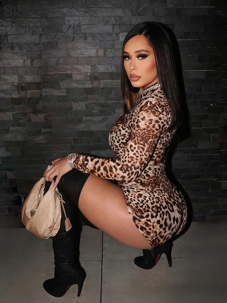 Girls Leopard Print Milk Silk Mini Dress With Long Sleeve