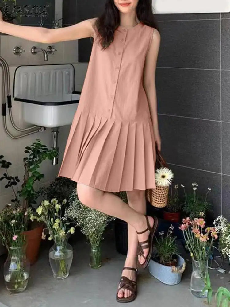 Pleated Button Mini Dress With Tank Sleeveless O Neck