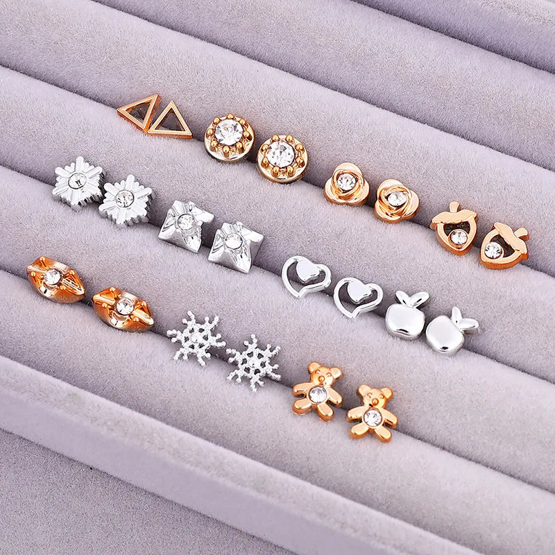18 Pairs Gold Silver Enamel Pearl Flower Heart Stud Earrings Set for Women Colorful Butterfly Jewelry Gift Mix Styles