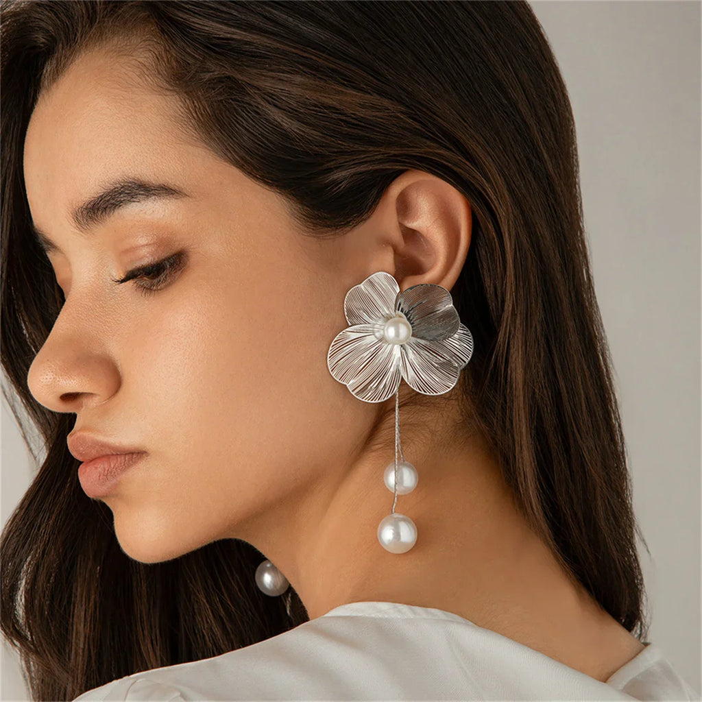 Women's Flower Petal Long Tassel Drop Earrings with Imitation Pearl for Weddings and Special Occasions