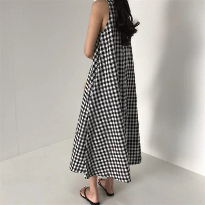 Vintage Plaid Tank Dress for Women High Waist O Neck