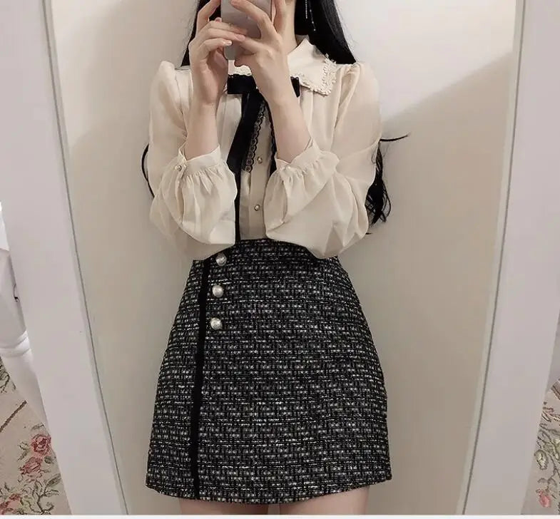 Elegant Vintage Button-Up Blouse for Women Cute Preppy Style Formal Work Shirt with Japanese Korean Inspired Design