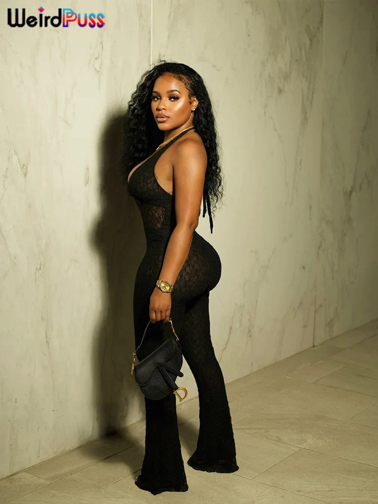 Sexy Mesh Halter Jumpsuit for Women Backless Skinny Low-Neck Midnight Clubwear Birthday Party Workout Overalls