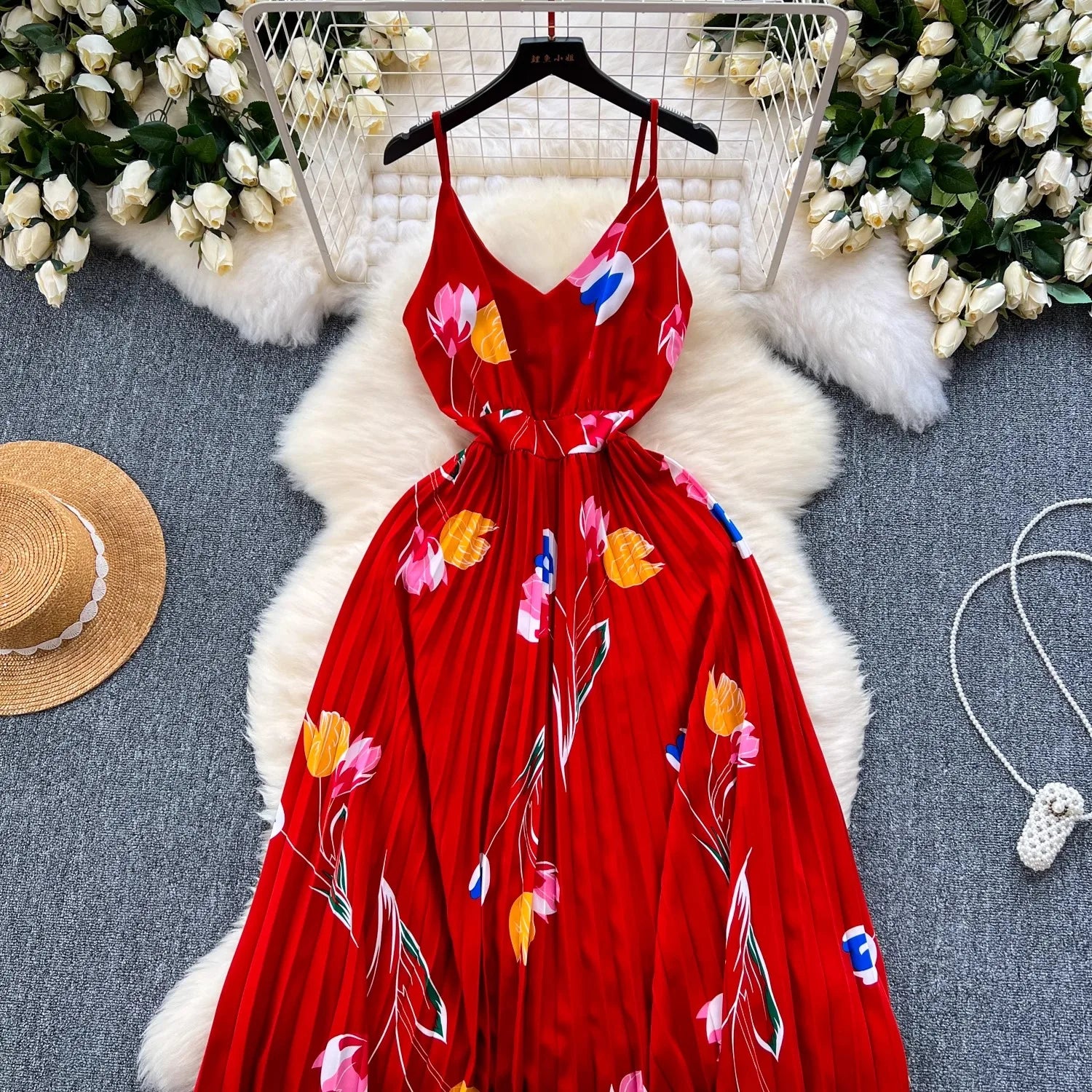 Floral Print Maxi Dress High Waist Spaghetti Strap Backless