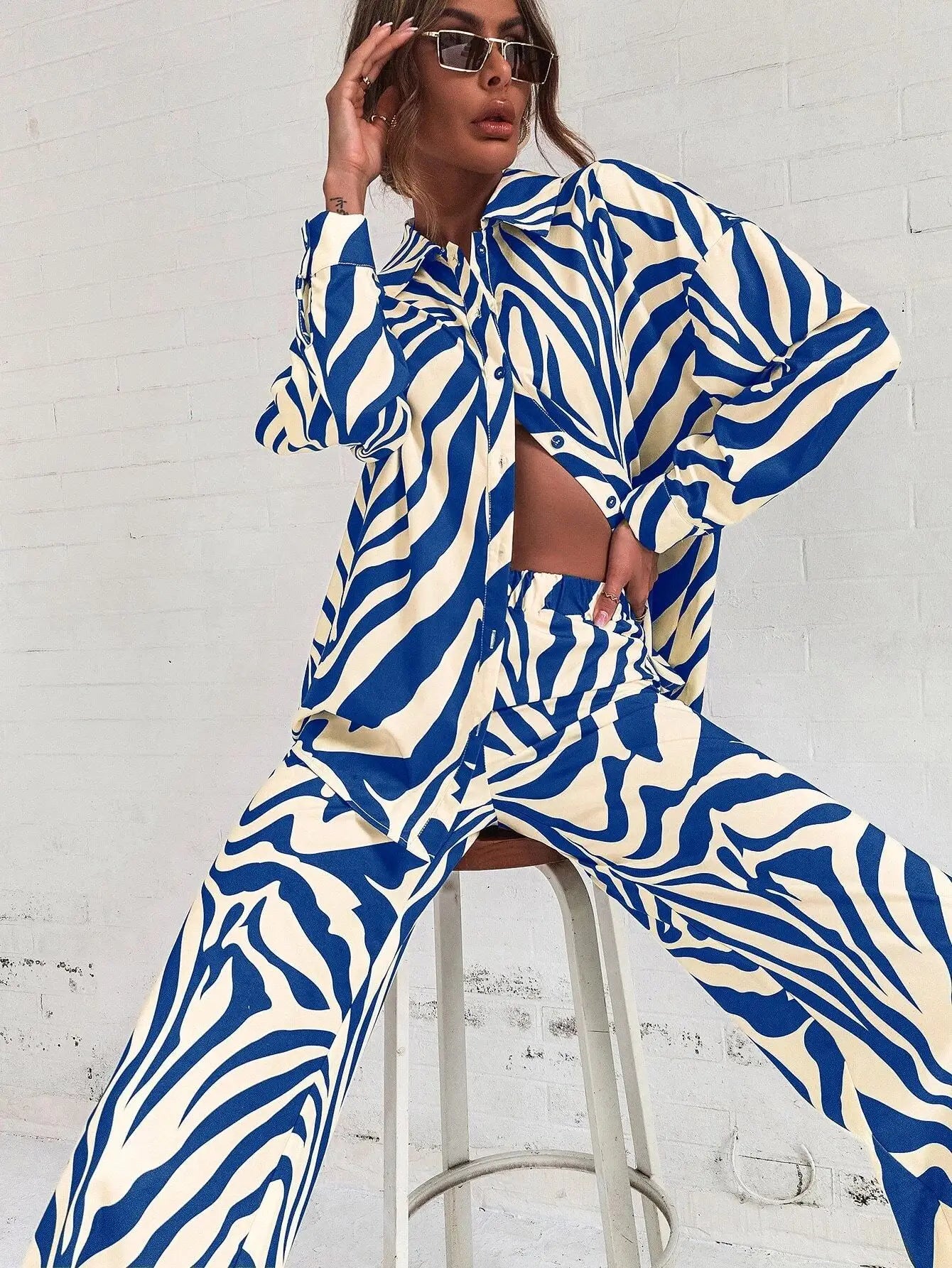 Trendy Print Off Shoulder Shirt and Trouser Set with Long Sleeve Design