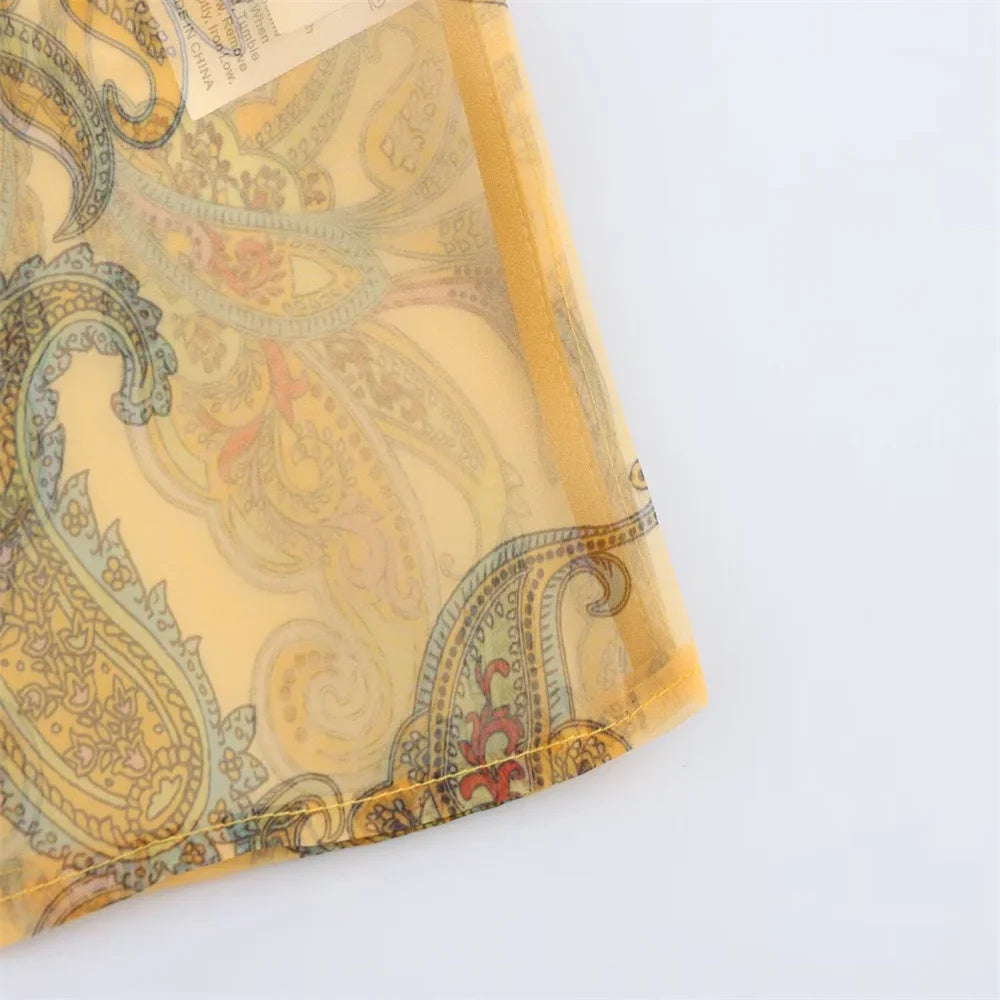 Womens Sheer Chiffon Blouse with High Neckline Puff Long Sleeves and Paisley Print Button Front Design