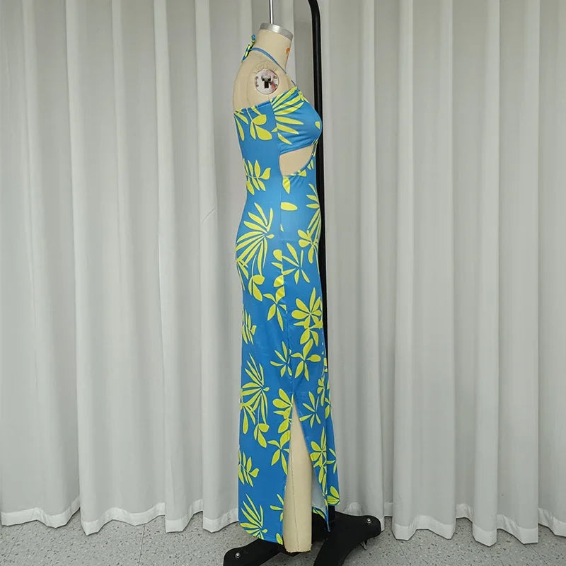 Sleeveless Halter Neck Backless Beach Maxi Dress With Slit