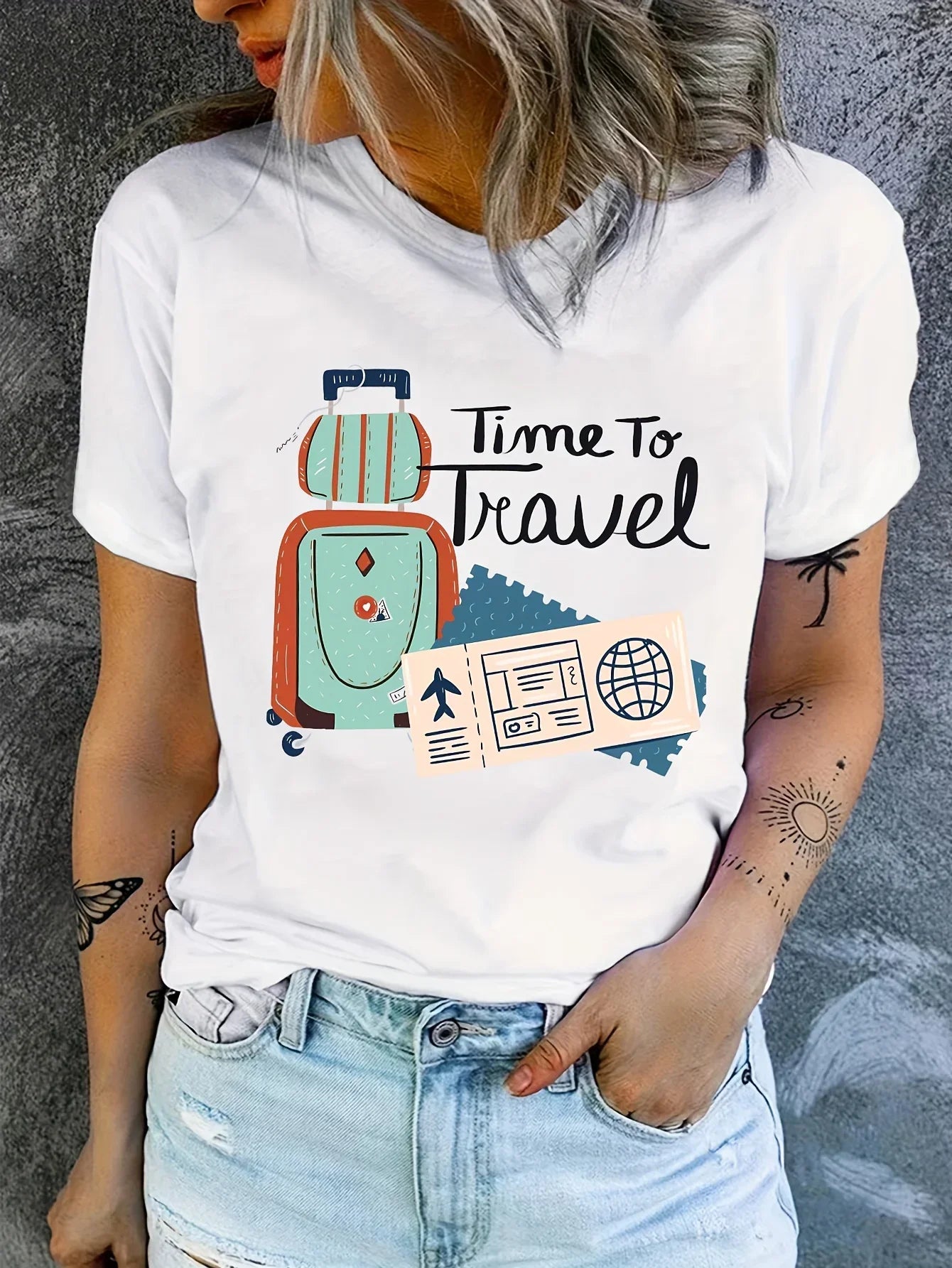 Travel Pattern Printed Women's T-Shirt Casual Round Neck Short Sleeve Top