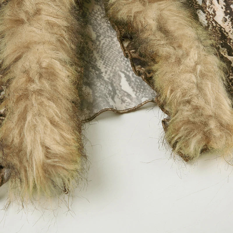 Casual Leopard Fur Trim Sheer Mesh V-Neck Long Sleeve Slim Bandage Blouse for Women