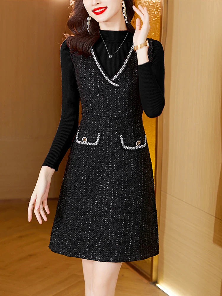 Women Tweed Sweater Vest Dress Two Piece Set For Office