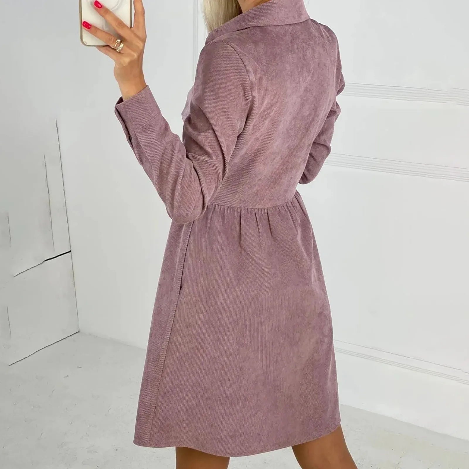 Corduroy Button Down Shirt Dress For Women Long Sleeves