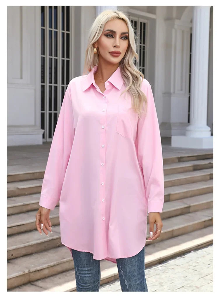 Vintage Oversized Long Sleeve Shirt for Women with Pockets Button Up Blouse Casual Chic Fashion Top