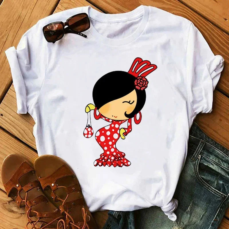 Women Cartoon Flamingo Dance Printed O-Neck T-Shirt Cute Casual Top for Daily Wear