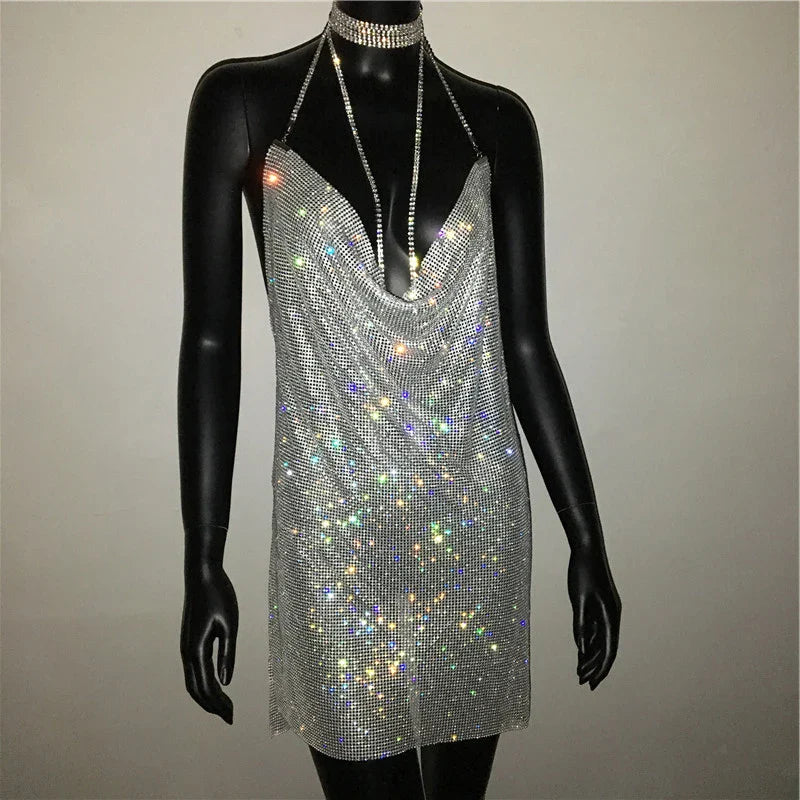 Sequin Rhinestone Backless Mini Dress For Nightclub Party