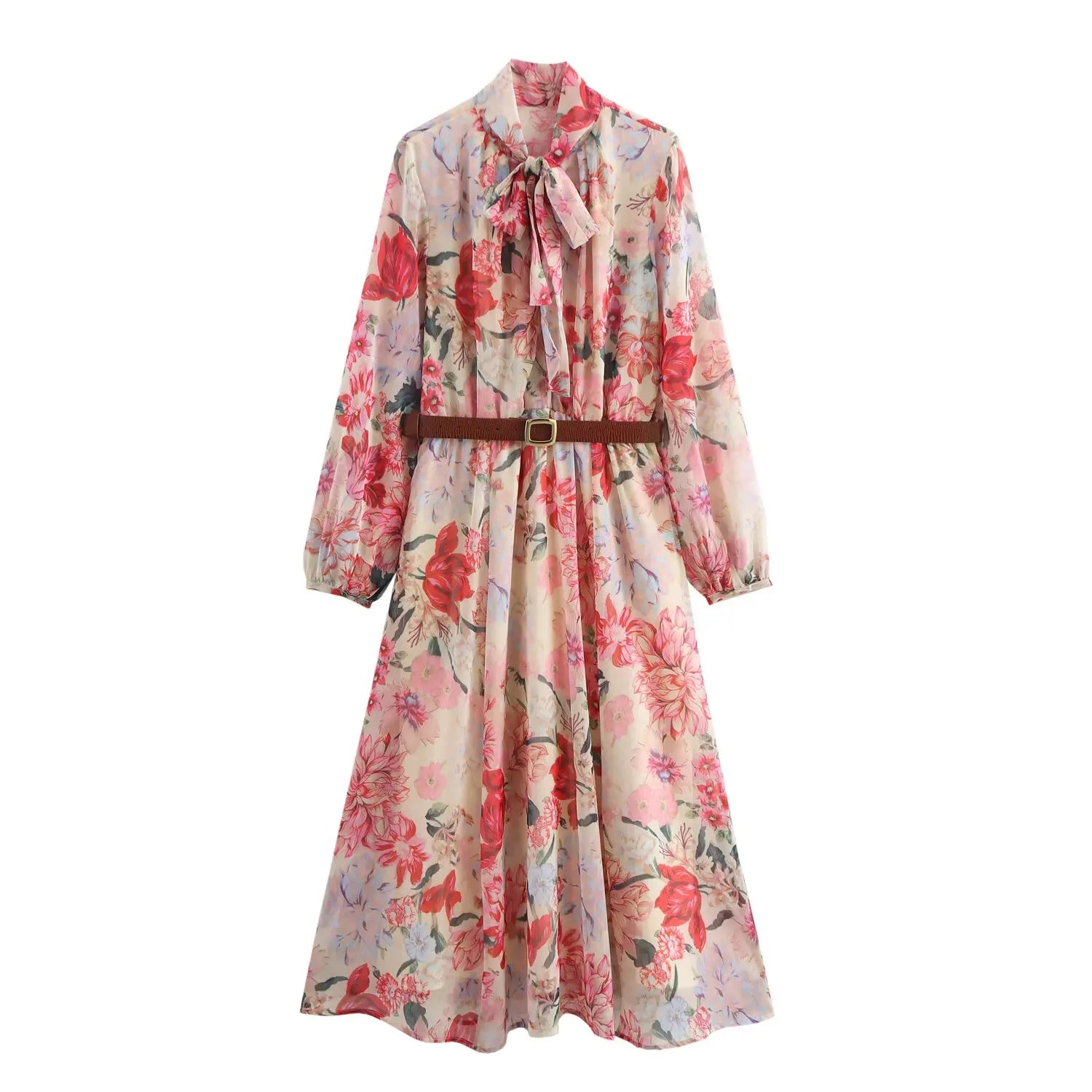 Floral Print Midi Dress With Belt Bow Collar Long Sleeve