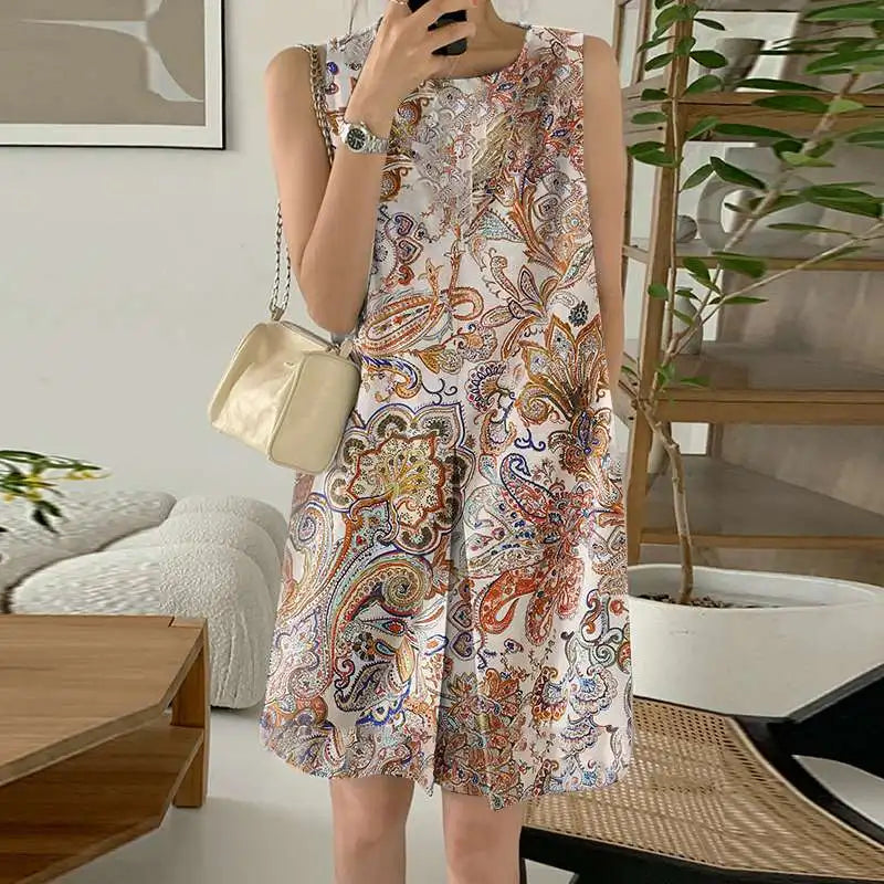 Boho Print Pleated Sleeveless Mini Dress For Summer