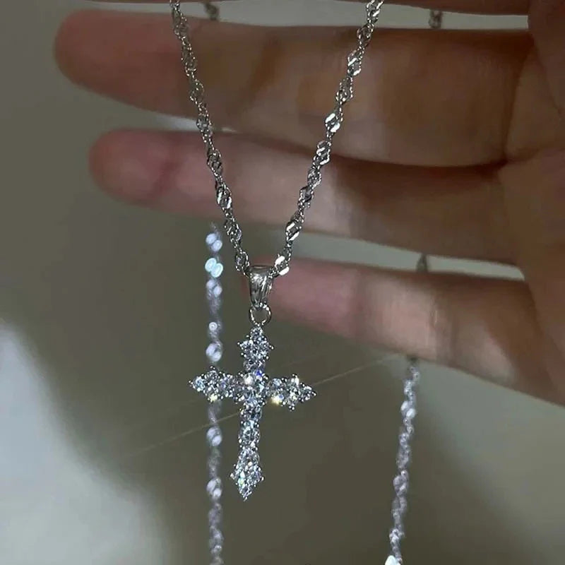 Shiny Crystal Zircon Cross Pendant Necklace for Women with Silver Color Thin Chain Party Jewelry Gift