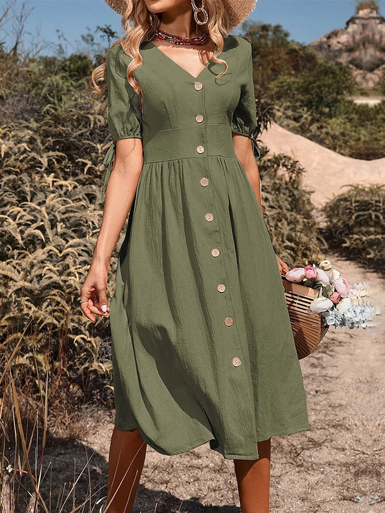 Women's V Neck Button Down Midi Dress Aline Sundress