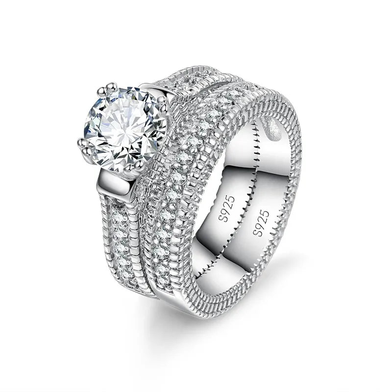 Elegant 925 Sterling Silver Engagement Couple Rings Set with Shiny Cubic Zirconia for Weddings and Anniversaries