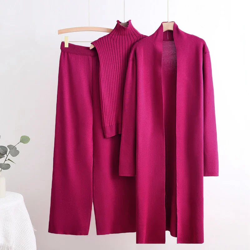 Elegant Women's Knitted 3-Piece Winter Outfit Set with Long Sleeve Cardigan, High Neck Vest, and Wide Leg Pants