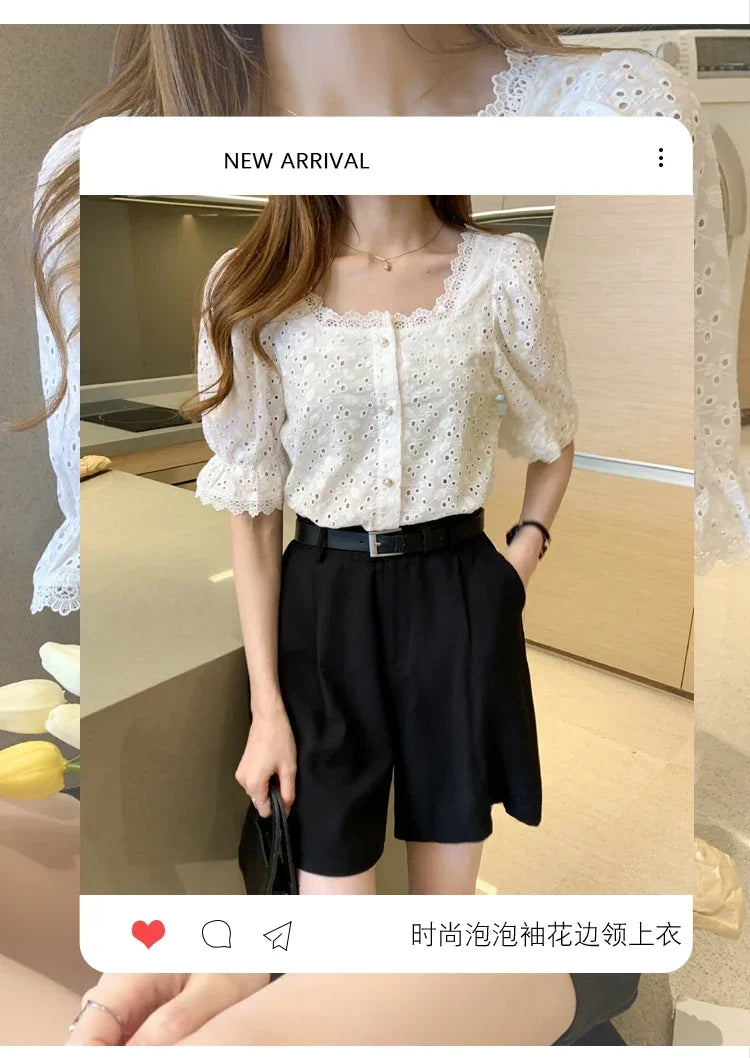 Elegant White Lace Blouse for Women Short Sleeve Square Collar Hollow Out Summer Shirt Chic and Breathable Feminine Top