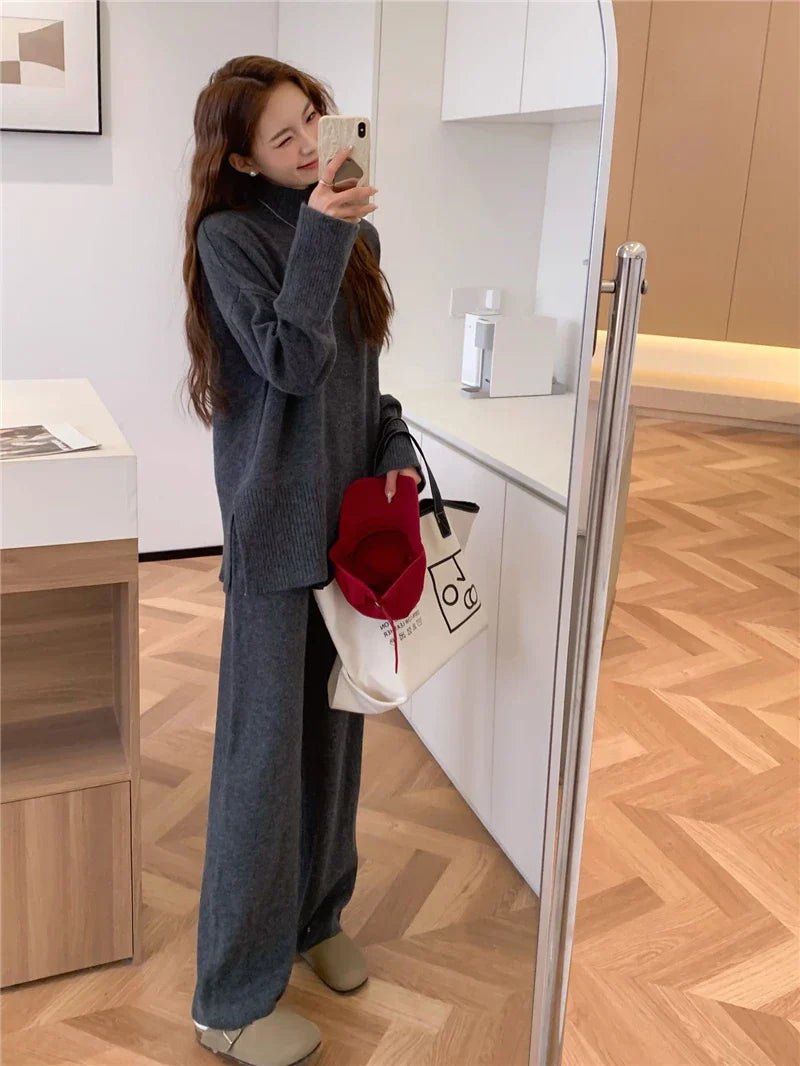Fashionable Women's Split Sweater Set with Casual Pants in Solid Color Knitted Design
