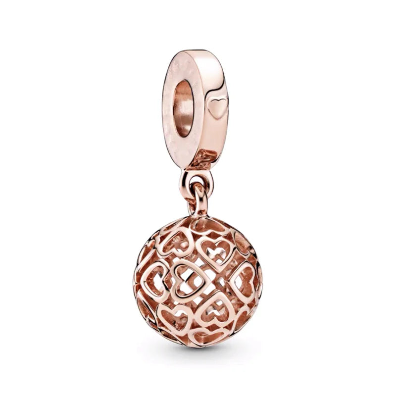 Plated Rose Gold Sparkling Pink Hot Air Balloon and Heart Charm Bead for Silver 925 Bracelet DIY Jewelry