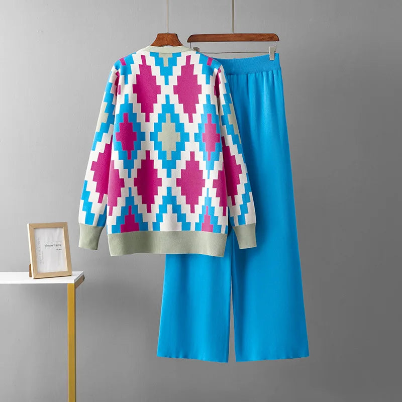 Women Casual V-neck Argyle Knit Cardigan and High Waist Wide Leg Pants Set