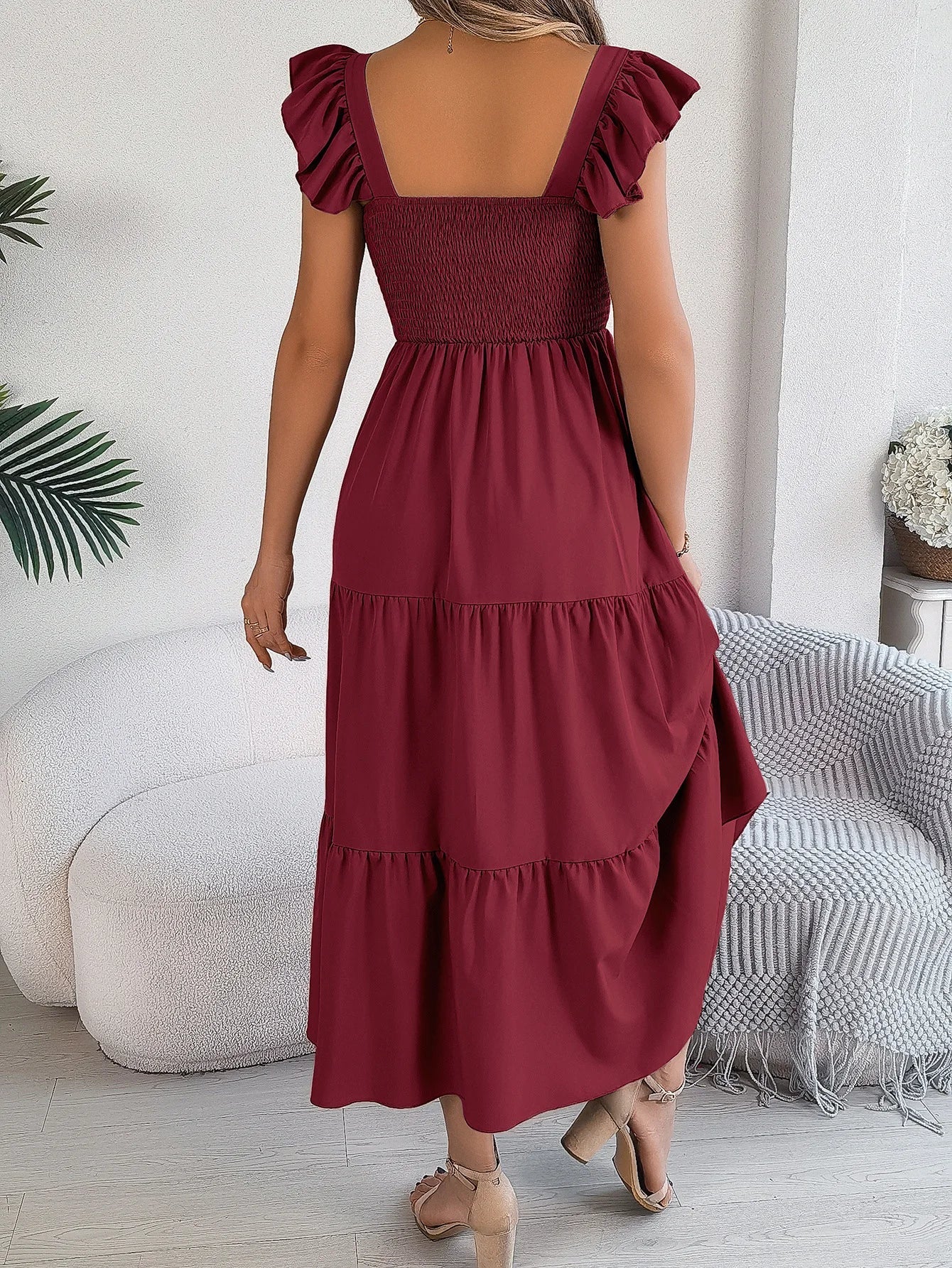 Square Neck Maxi Dress for Women Solid Summer Color