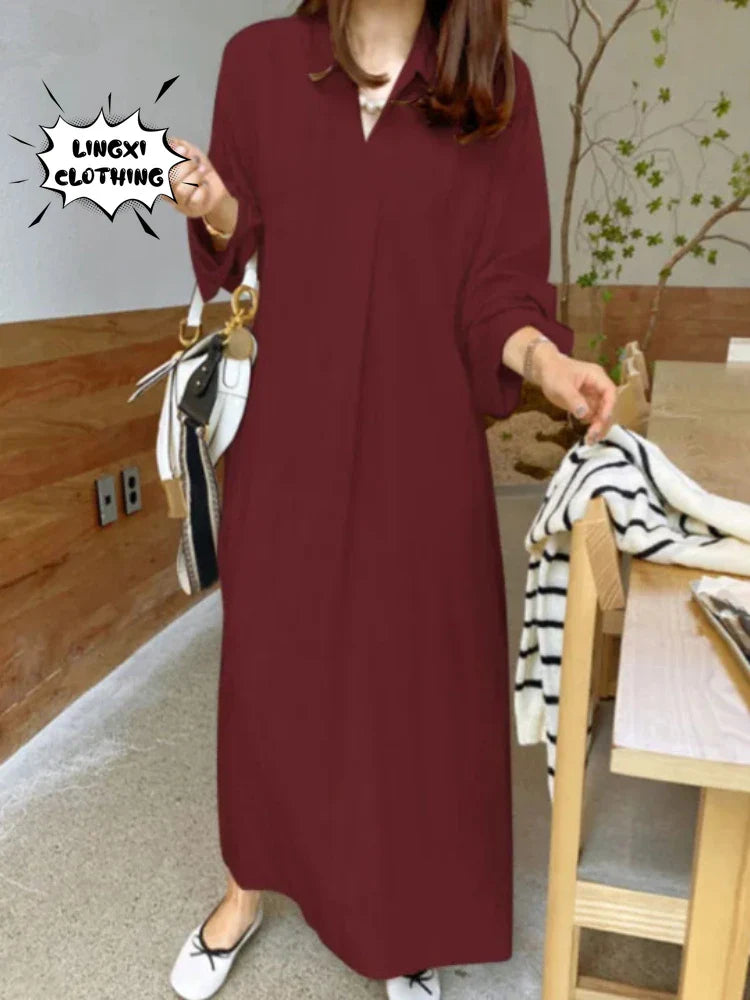 Cotton Linen Polo Shirt Long Sleeve Loose Fit for Commute